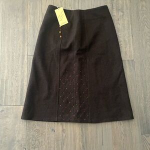 Elegant Brown Wool Zippered Pencil Skirt with Orange Jeweled Beads